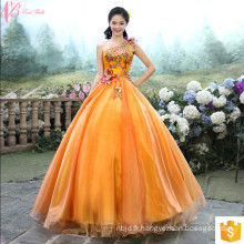 La dernière mariée Design Brillante Light Orange Appliqued Strapless Floor Length Tulle Puffy Robe de bal Robe de soirée